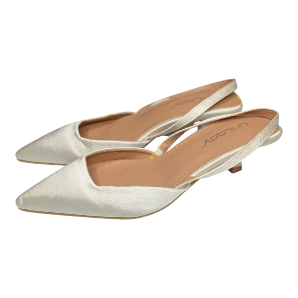 Off White Satin Kitten Heel Pumps 5.5
